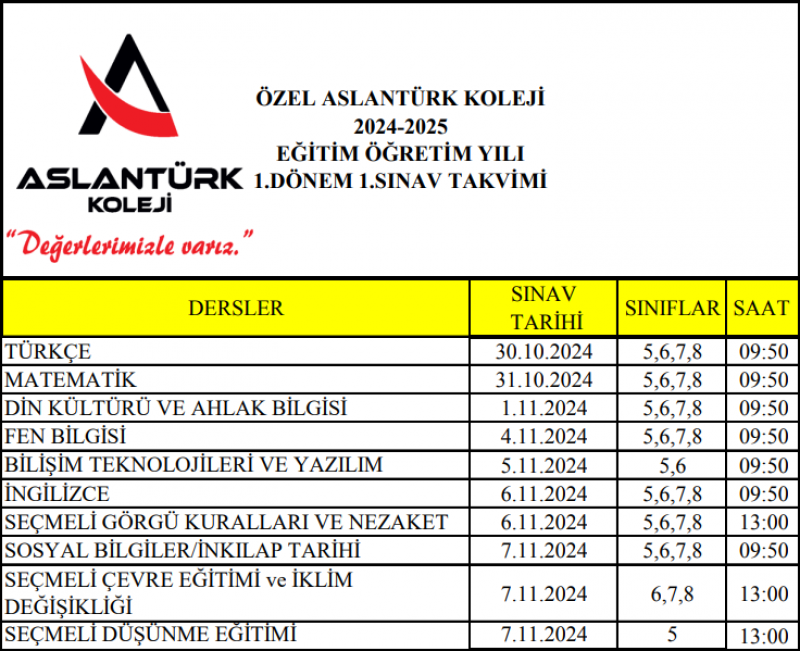 1.DÖNEM 1.SINAV TAKVİMİ